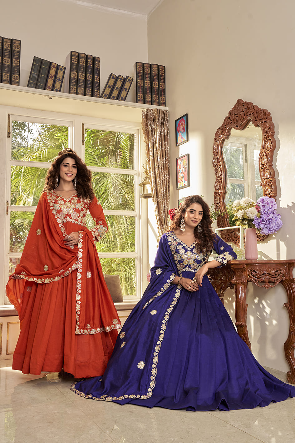 Elegant Rust Orange Festival Long Gown with Heavy Cording Sequin Embroidery & Matching Designer Dupatta – Premium Ethnic Party Wear