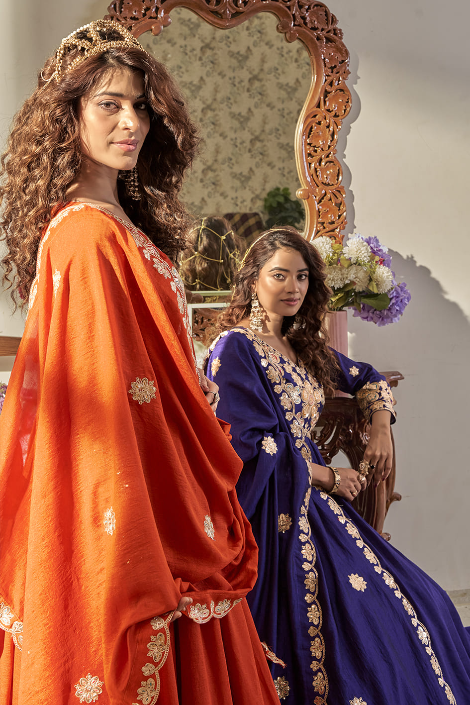 Elegant Rust Orange Festival Long Gown with Heavy Cording Sequin Embroidery & Matching Designer Dupatta – Premium Ethnic Party Wear