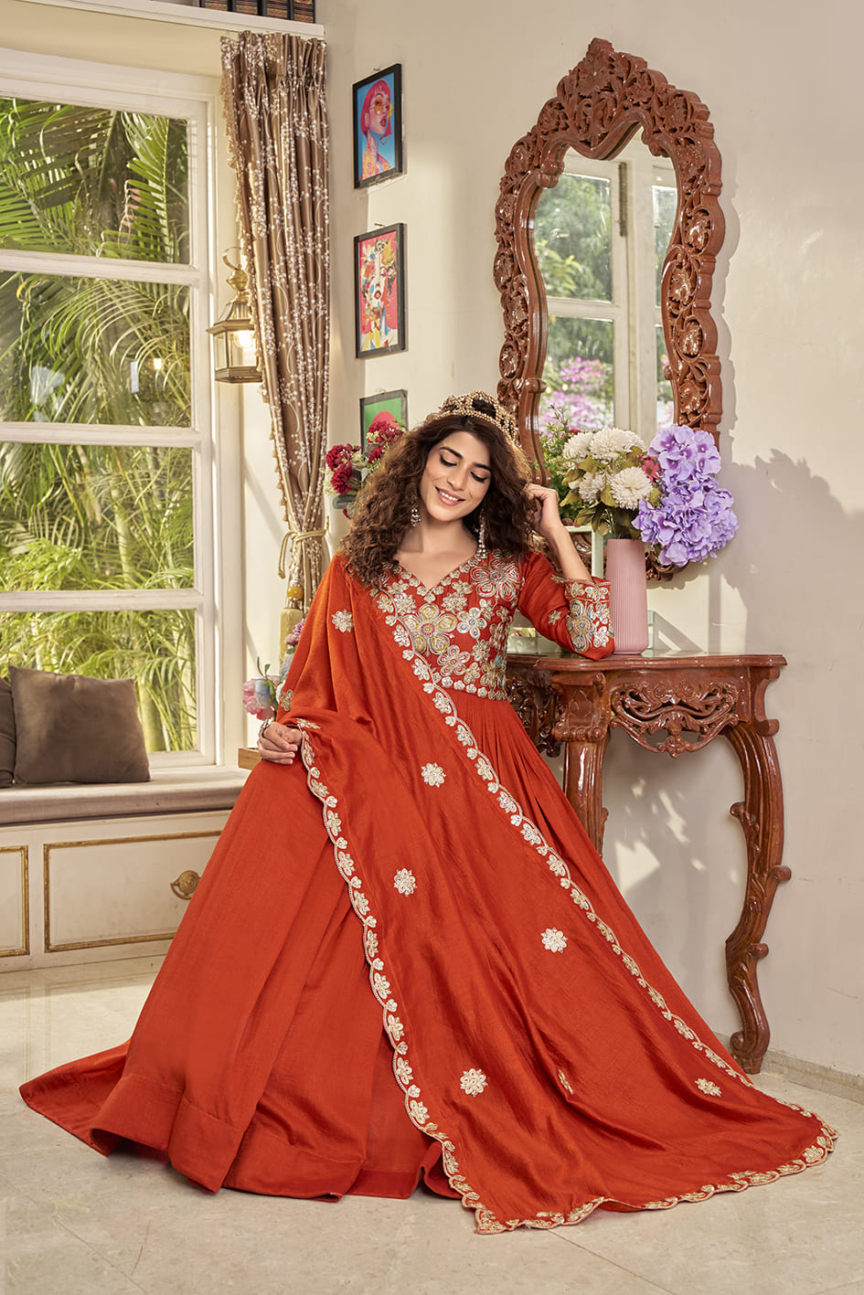 Elegant Rust Orange Festival Long Gown with Heavy Cording Sequin Embroidery & Matching Designer Dupatta – Premium Ethnic Party Wear
