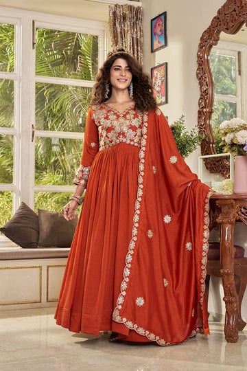 Elegant Rust Orange Festival Long Gown with Heavy Cording Sequin Embroidery & Matching Designer Dupatta – Premium Ethnic Party Wear