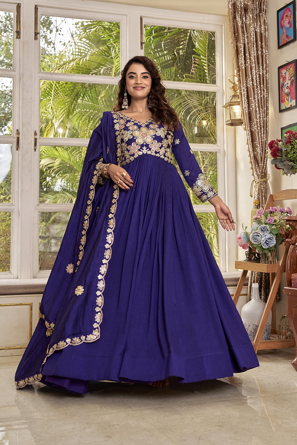 Royal Purple Heavy Cording Sequence Embroidered Long Gown with Matching Dupatta – Premium Festive Wear