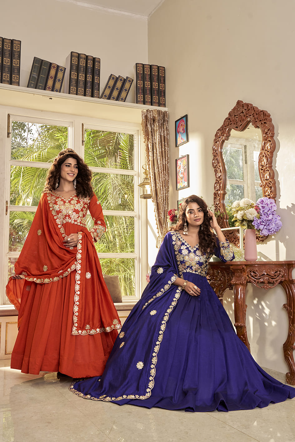 Elegant Rust Orange Festival Long Gown with Heavy Cording Sequin Embroidery & Matching Designer Dupatta – Premium Ethnic Party Wear