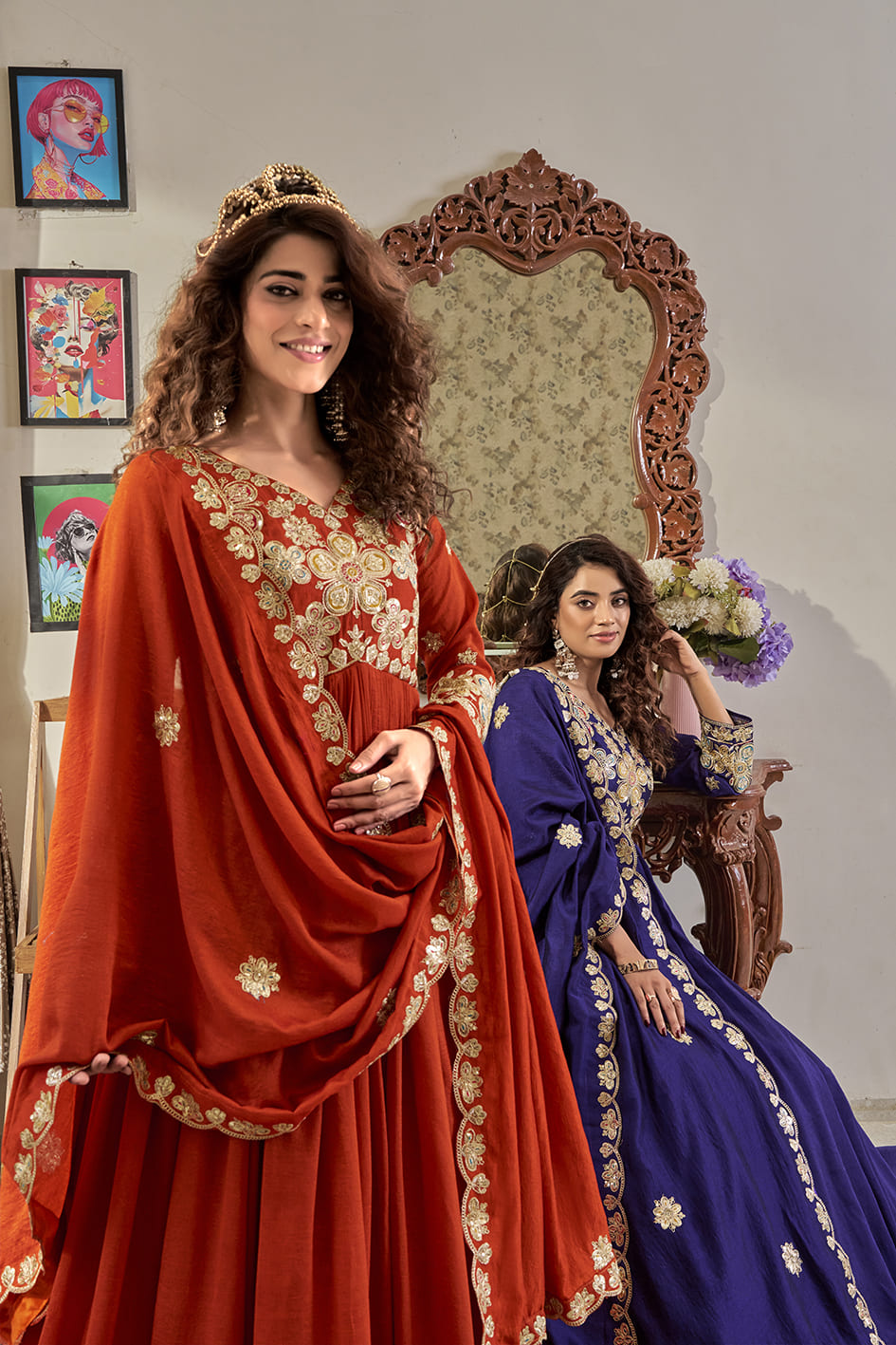 Elegant Rust Orange Festival Long Gown with Heavy Cording Sequin Embroidery & Matching Designer Dupatta – Premium Ethnic Party Wear