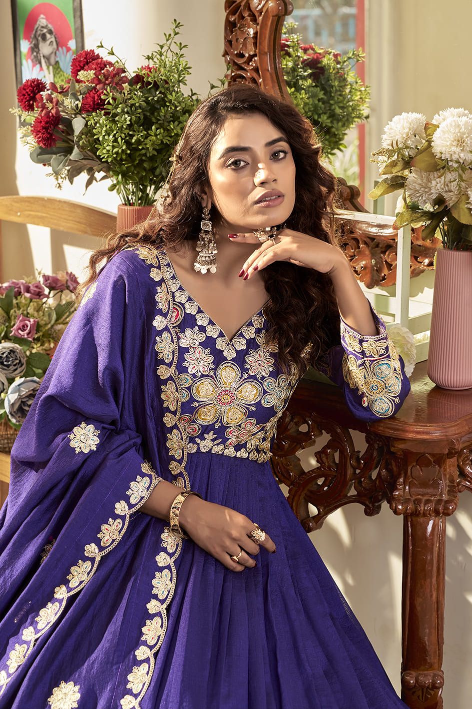 Royal Purple Heavy Cording Sequence Embroidered Long Gown with Matching Dupatta – Premium Festive Wear