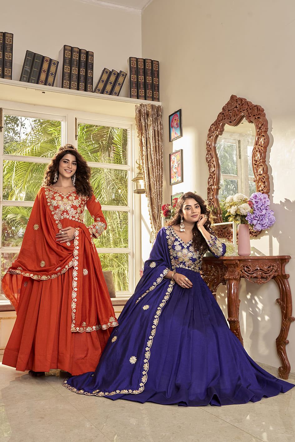 Elegant Rust Orange Festival Long Gown with Heavy Cording Sequin Embroidery & Matching Designer Dupatta – Premium Ethnic Party Wear