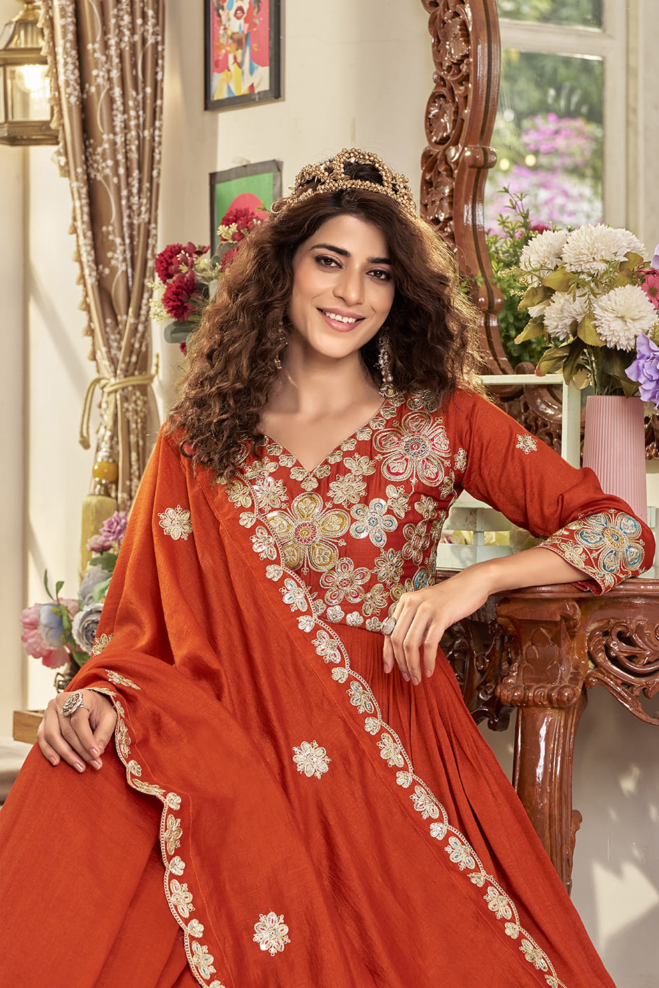 Elegant Rust Orange Festival Long Gown with Heavy Cording Sequin Embroidery & Matching Designer Dupatta – Premium Ethnic Party Wear