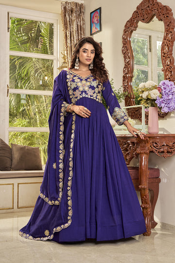 Royal Purple Heavy Cording Sequence Embroidered Long Gown with Matching Dupatta – Premium Festive Wear