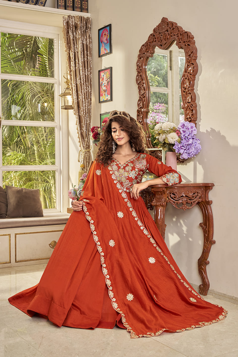 Elegant Rust Orange Festival Long Gown with Heavy Cording Sequin Embroidery & Matching Designer Dupatta – Premium Ethnic Party Wear