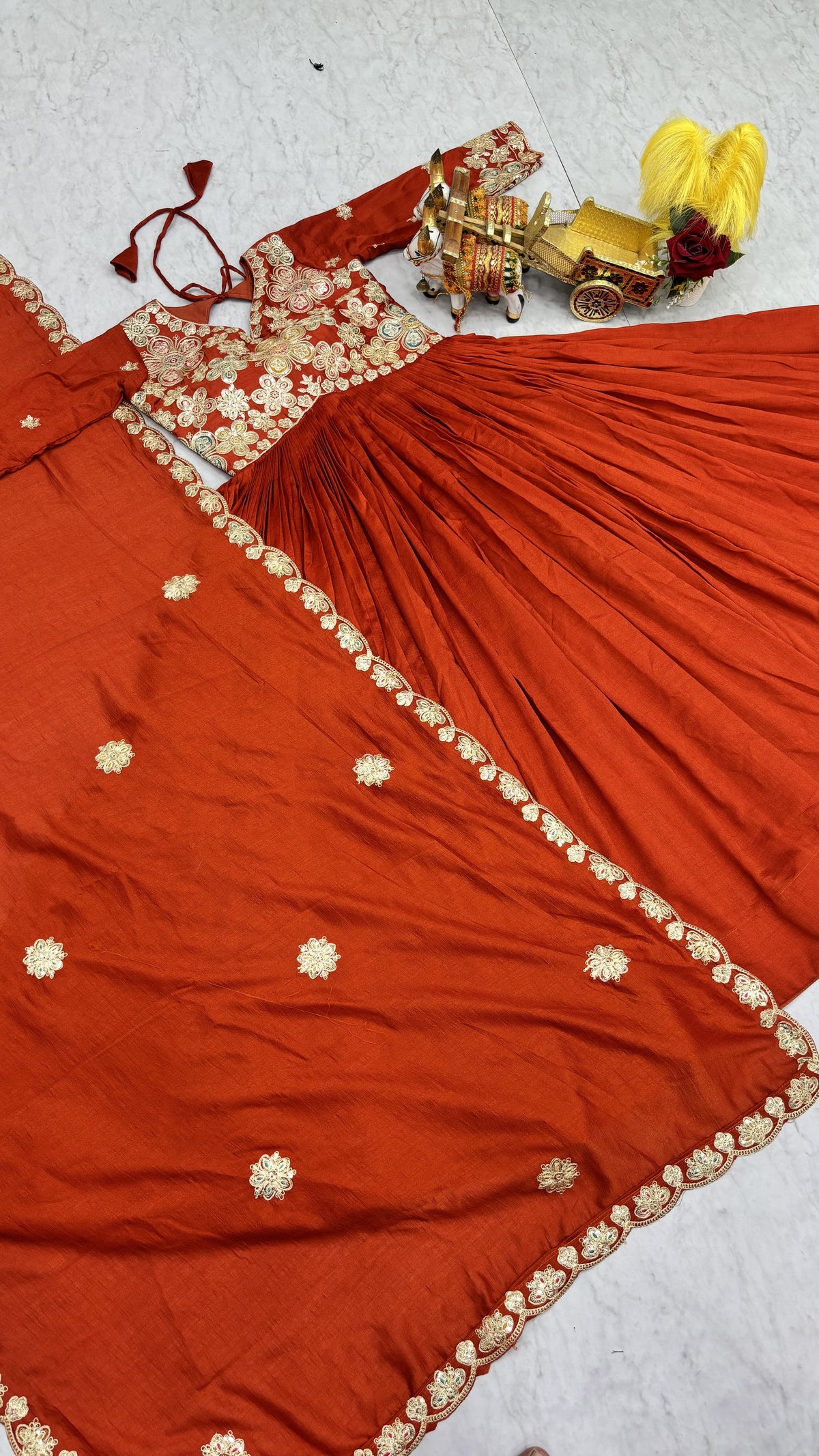 Elegant Rust Orange Festival Long Gown with Heavy Cording Sequin Embroidery & Matching Designer Dupatta – Premium Ethnic Party Wear