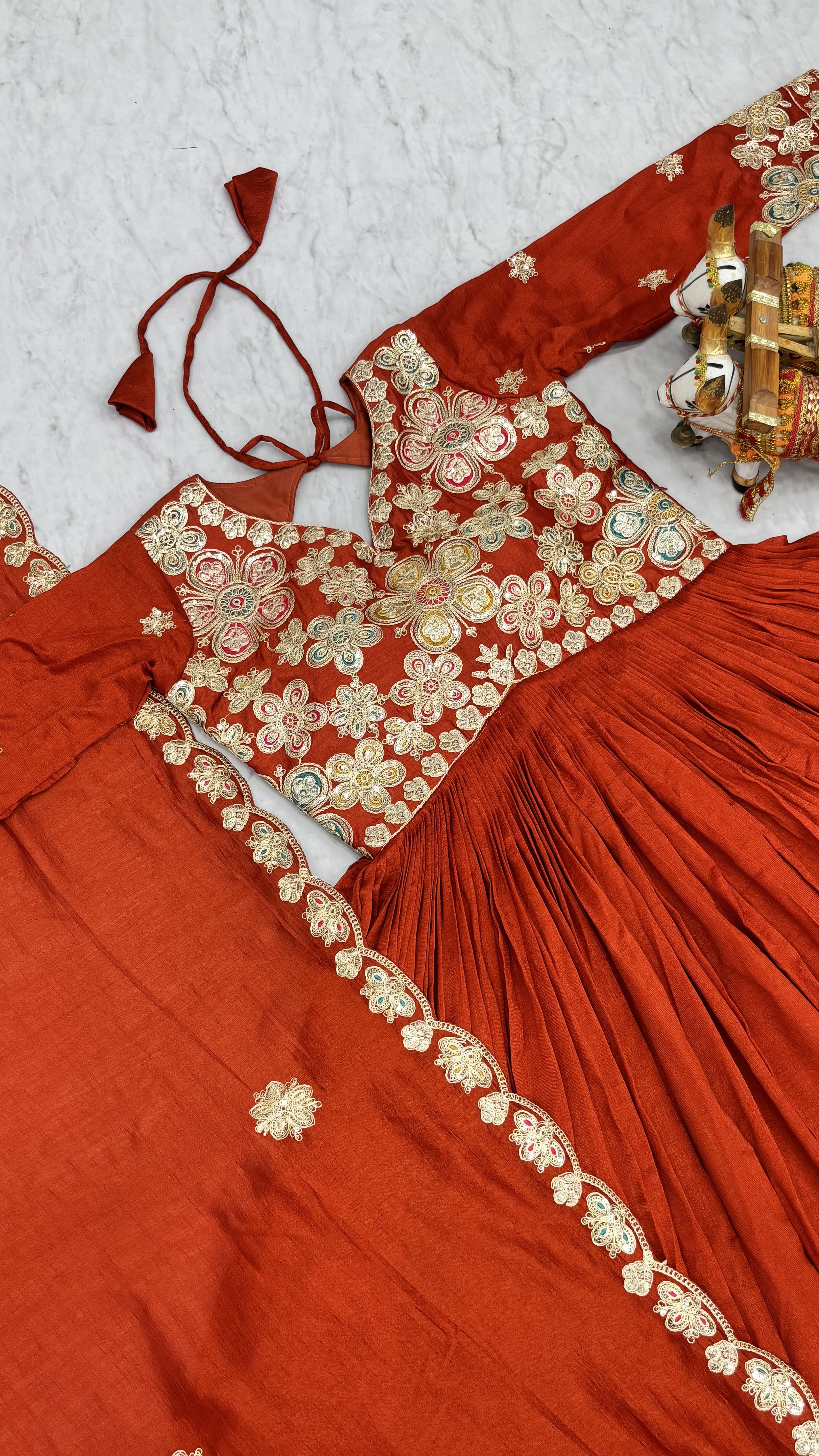 Elegant Rust Orange Festival Long Gown with Heavy Cording Sequin Embroidery & Matching Designer Dupatta – Premium Ethnic Party Wear