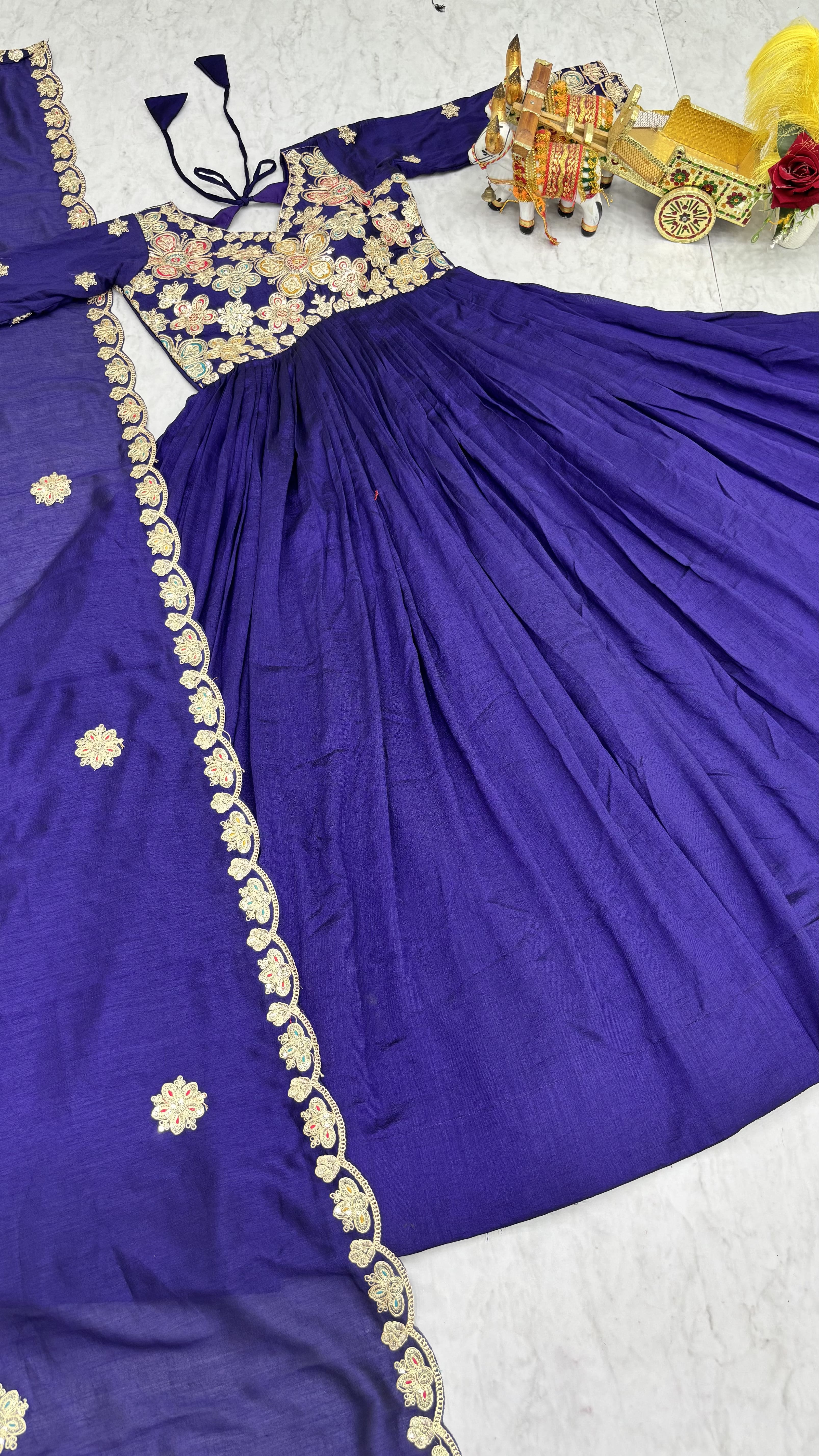 Royal Purple Heavy Cording Sequence Embroidered Long Gown with Matching Dupatta – Premium Festive Wear