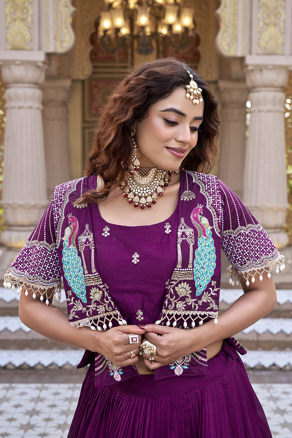 Wine Purple Embroidered Festival Lehenga Choli with Designer Koti
