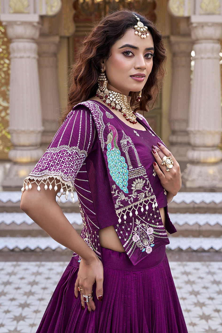 Wine Purple Embroidered Festival Lehenga Choli with Designer Koti
