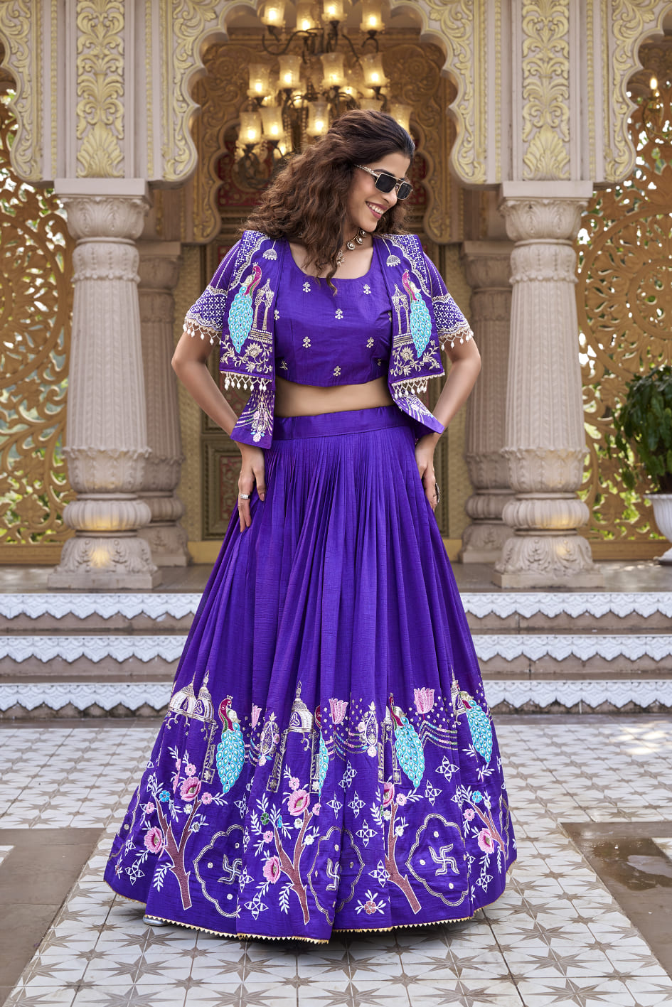 Royal Blue Festival Lehenga Choli with Designer Embroidered Koti