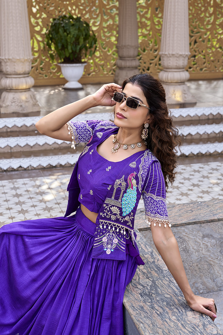 Royal Blue Festival Lehenga Choli with Designer Embroidered Koti