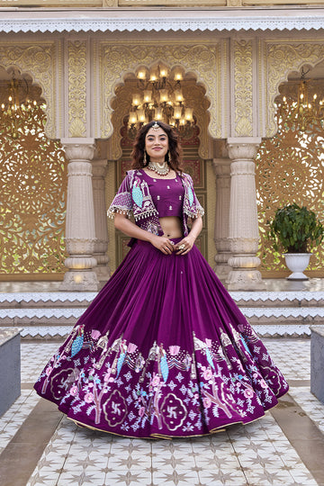 Wine Purple Embroidered Festival Lehenga Choli with Designer Koti