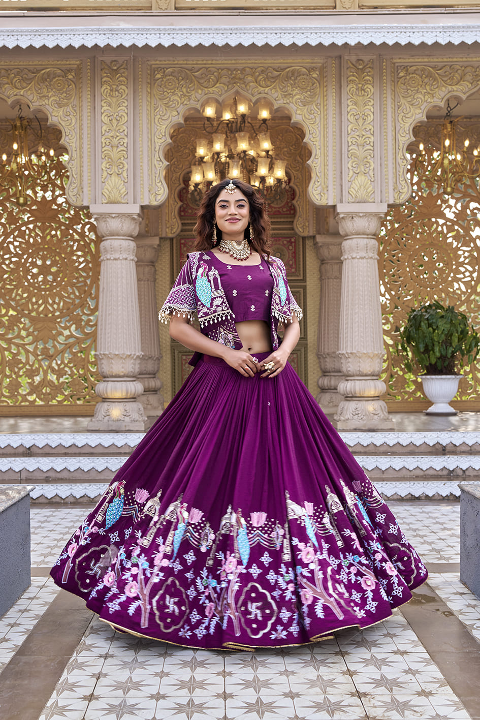 Wine Purple Embroidered Festival Lehenga Choli with Designer Koti
