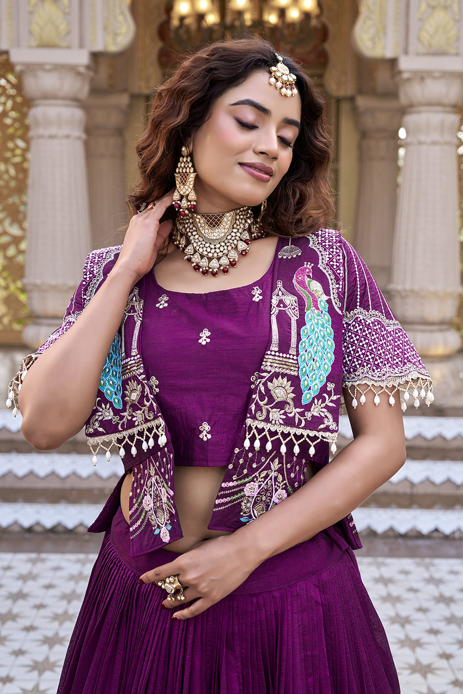 Wine Purple Embroidered Festival Lehenga Choli with Designer Koti