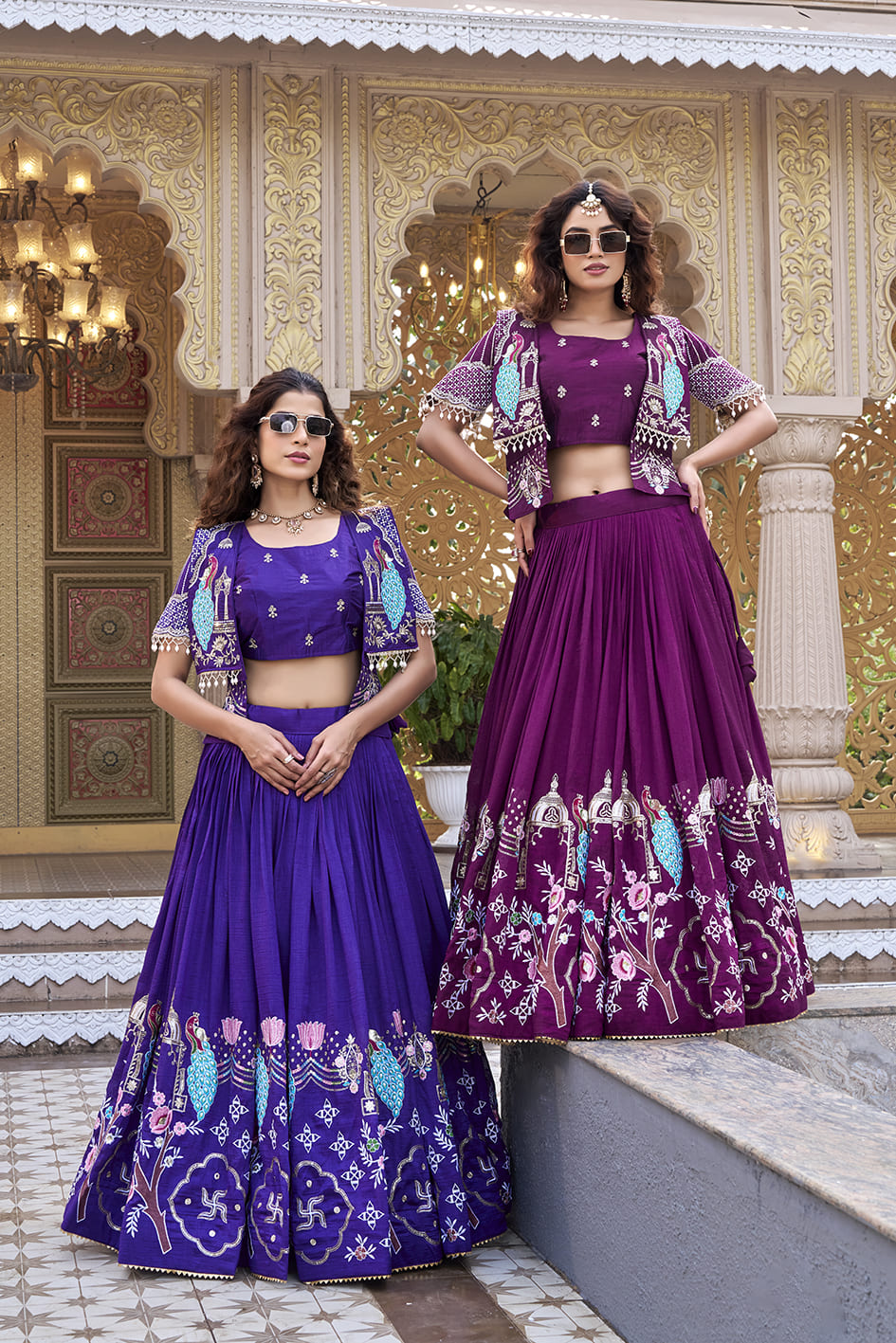 Royal Blue Festival Lehenga Choli with Designer Embroidered Koti