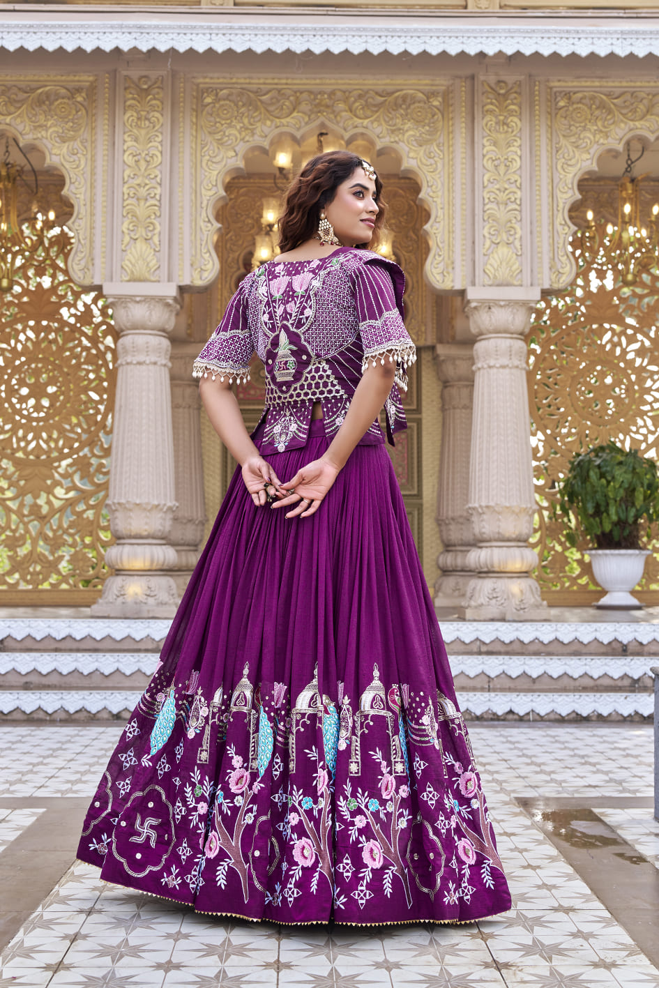 Wine Purple Embroidered Festival Lehenga Choli with Designer Koti
