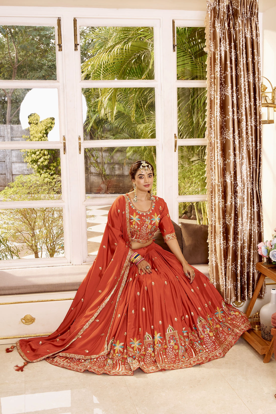Orange Festive Embroidered Lehenga Choli with Dupatta
