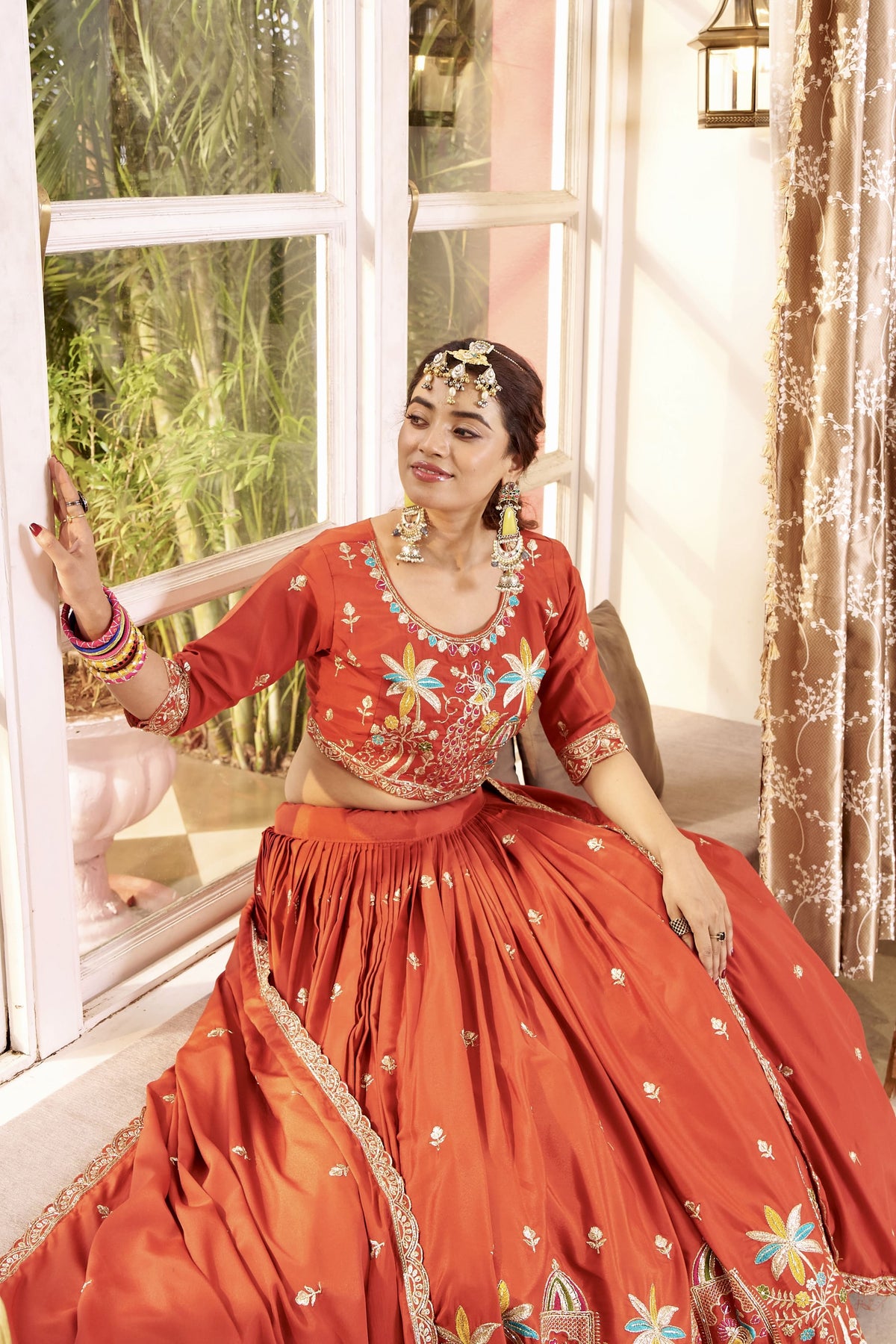 Orange Festive Embroidered Lehenga Choli with Dupatta