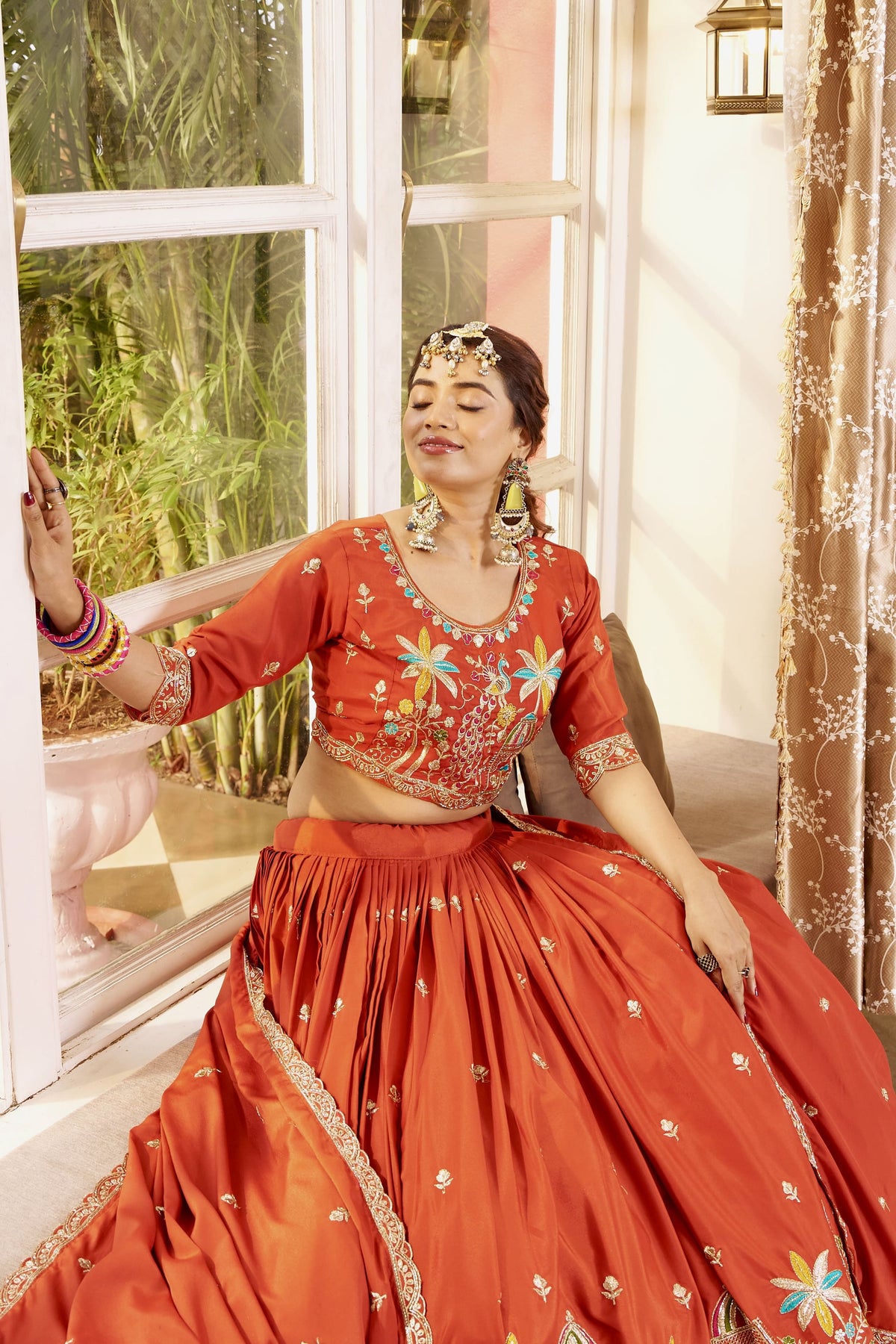Orange Festive Embroidered Lehenga Choli with Dupatta