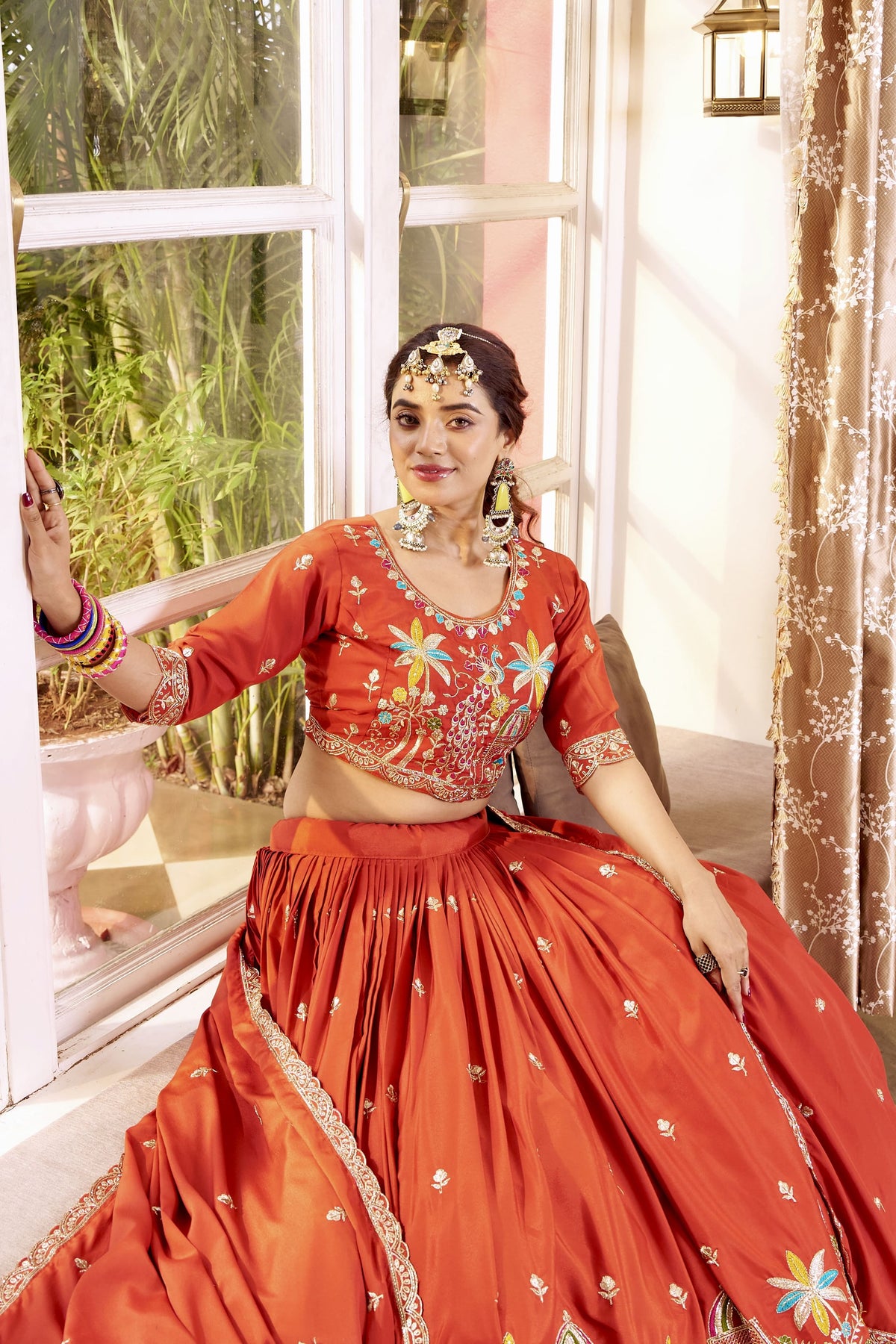 Orange Festive Embroidered Lehenga Choli with Dupatta