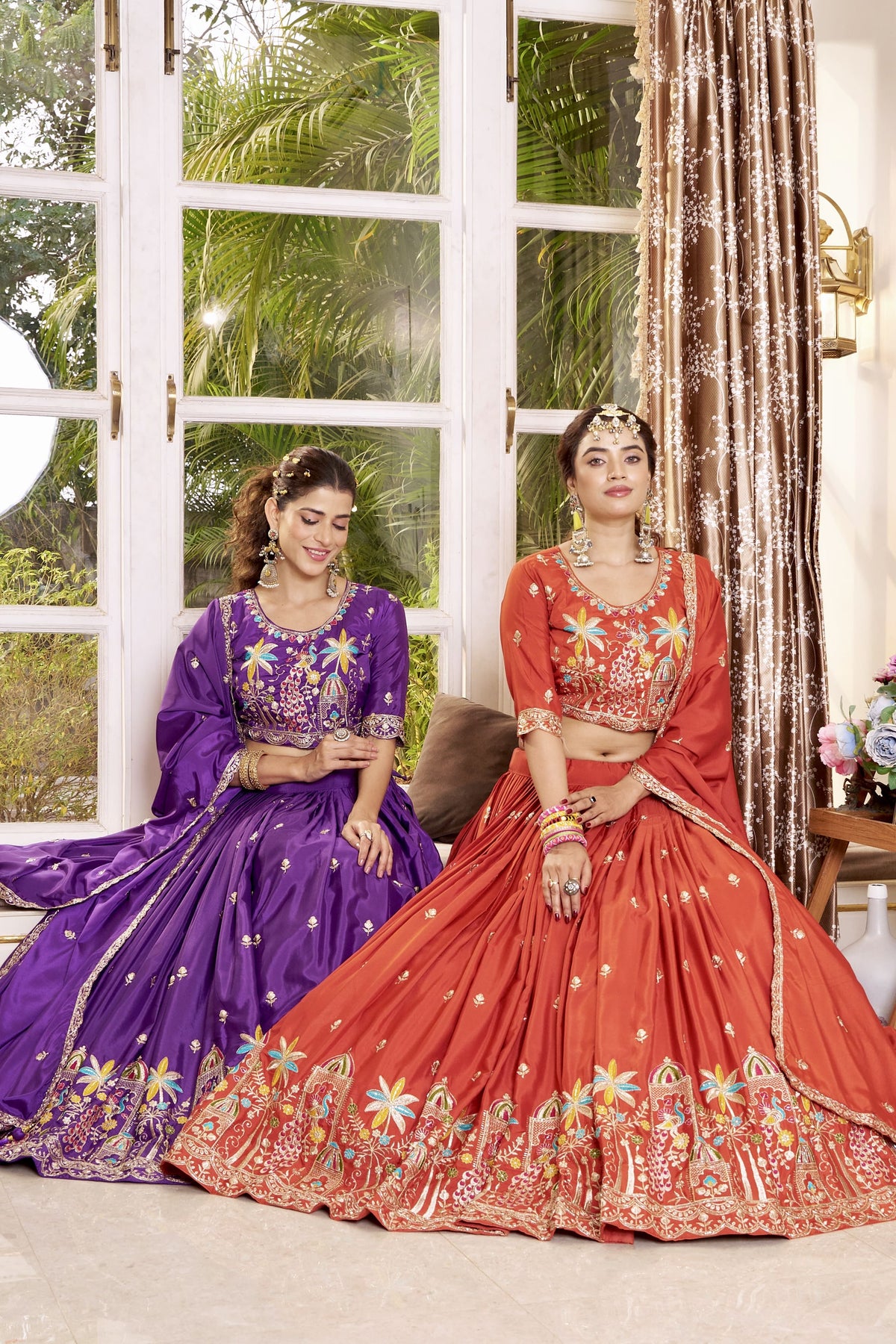 Orange Festive Embroidered Lehenga Choli with Dupatta