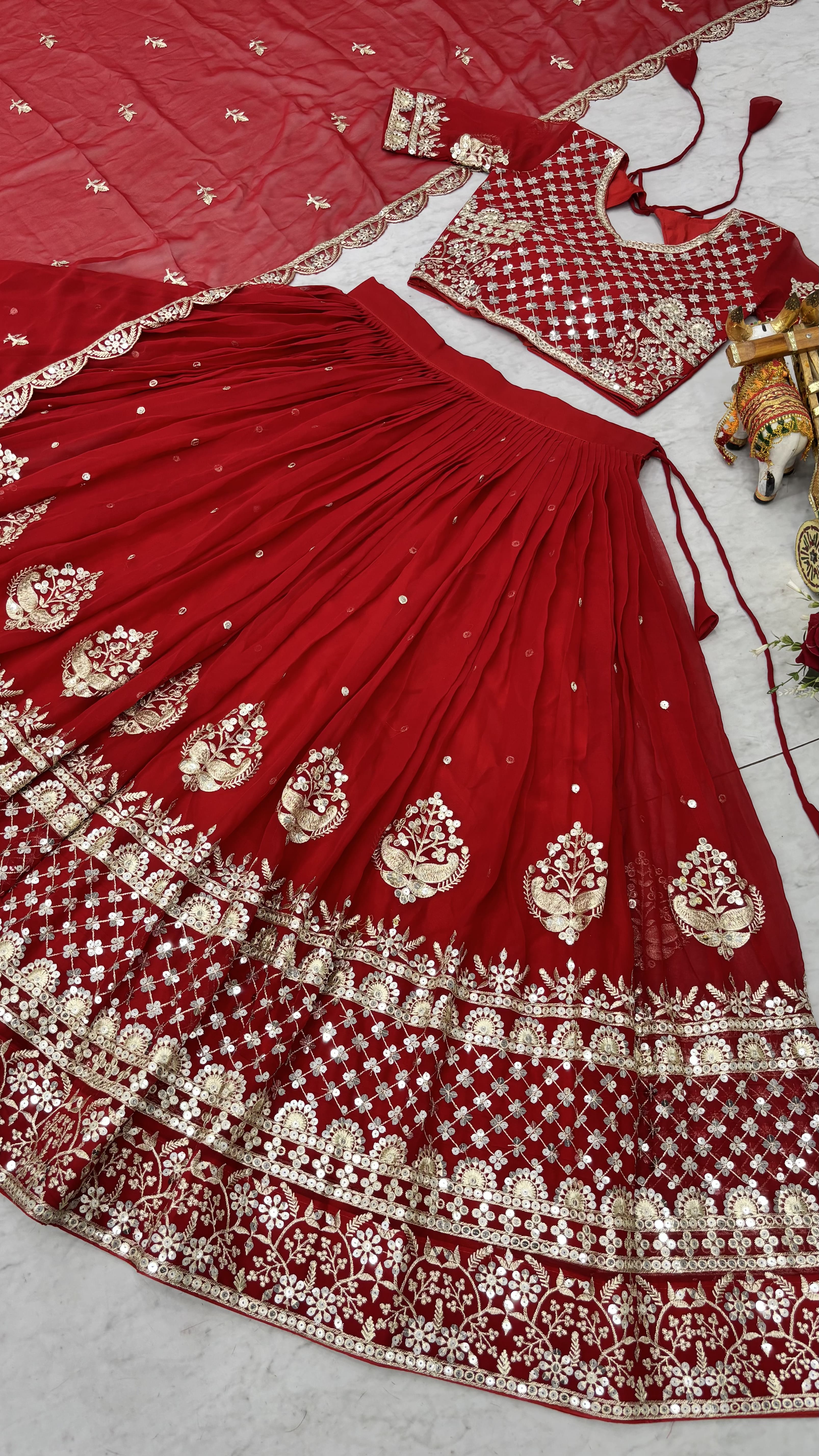 Royal Red Wedding Lehenga Choli with Heavy Sequin Embroidery, Designer Border & Elegant Matching Dupatta