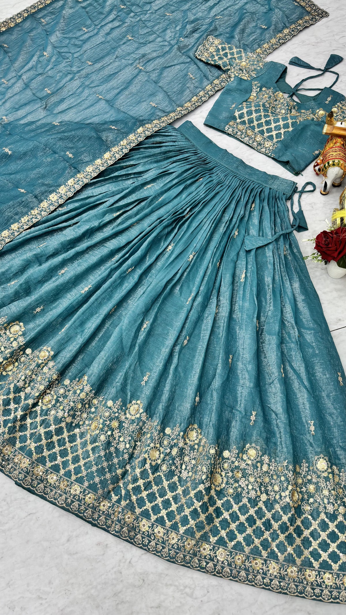 Elegant Teal Blue Wedding Lehenga Choli Set with Heavy Sequin Embroidery, Intricate Floral Work & Designer Dupatta Border