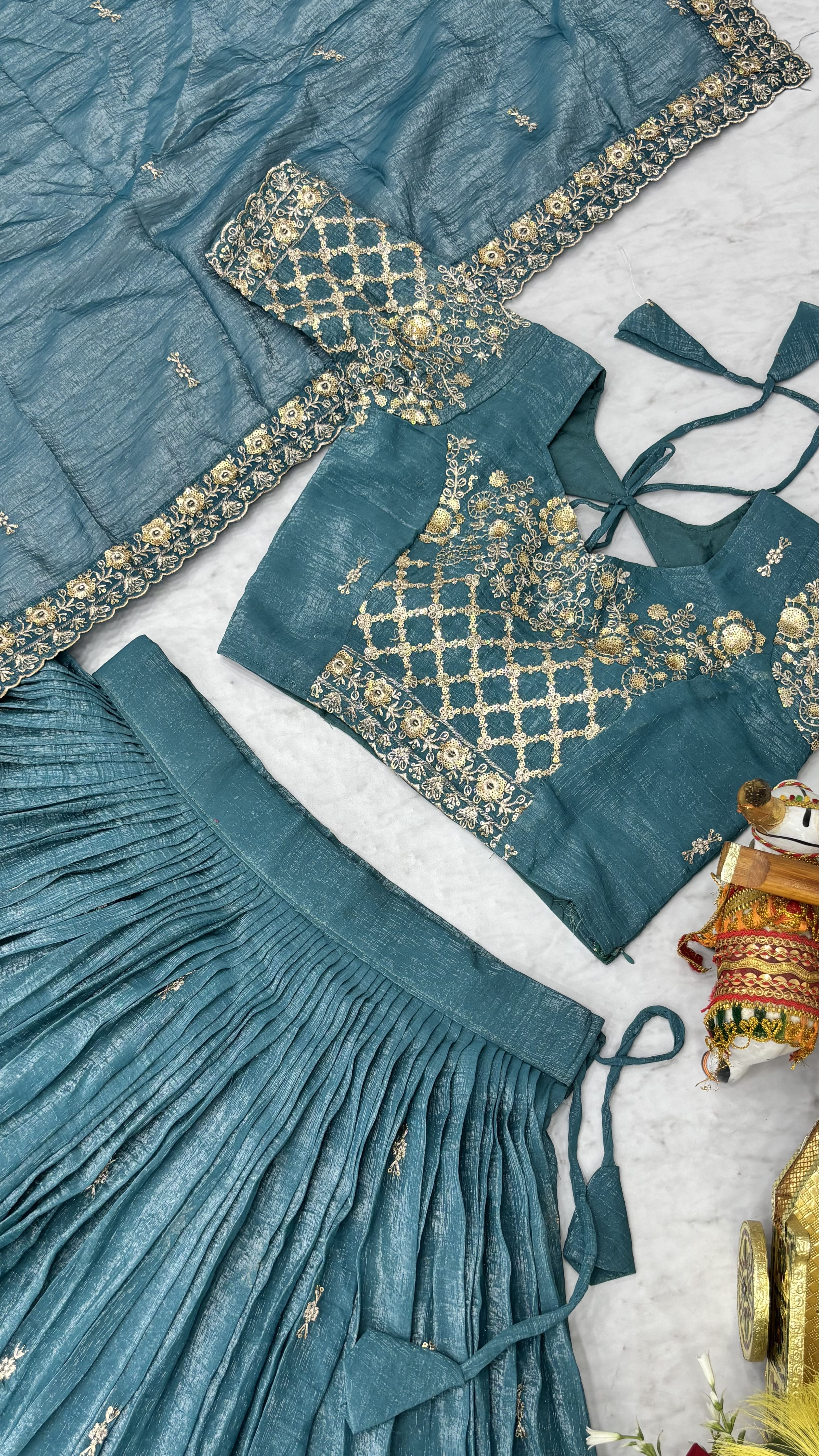 Elegant Teal Blue Wedding Lehenga Choli Set with Heavy Sequin Embroidery, Intricate Floral Work & Designer Dupatta Border
