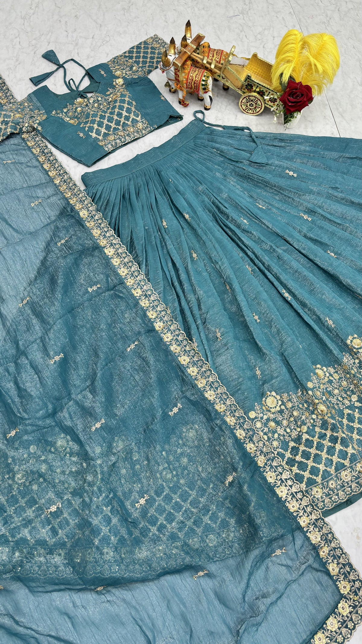 Elegant Teal Blue Wedding Lehenga Choli Set with Heavy Sequin Embroidery, Intricate Floral Work & Designer Dupatta Border