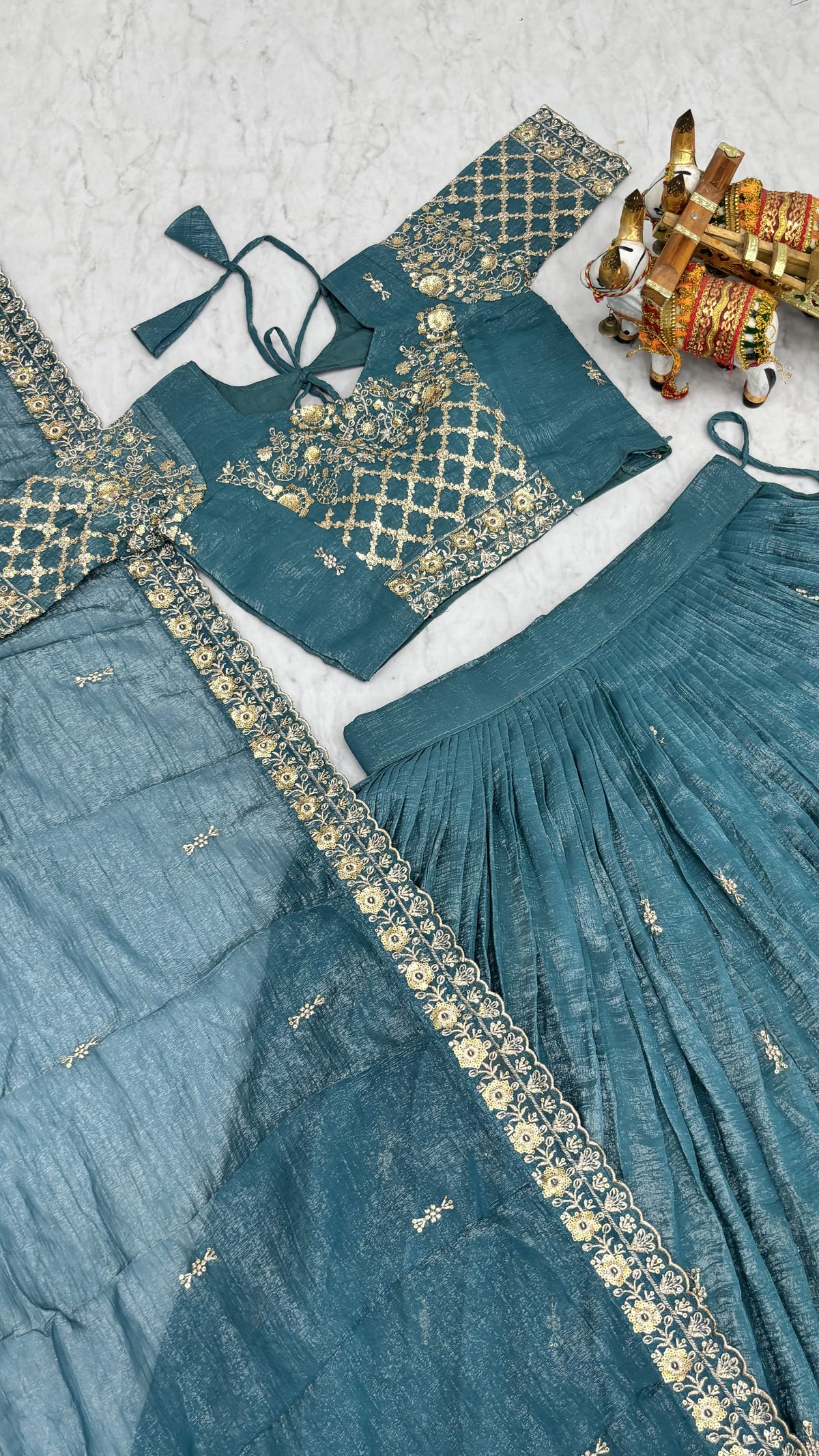 Elegant Teal Blue Wedding Lehenga Choli Set with Heavy Sequin Embroidery, Intricate Floral Work & Designer Dupatta Border