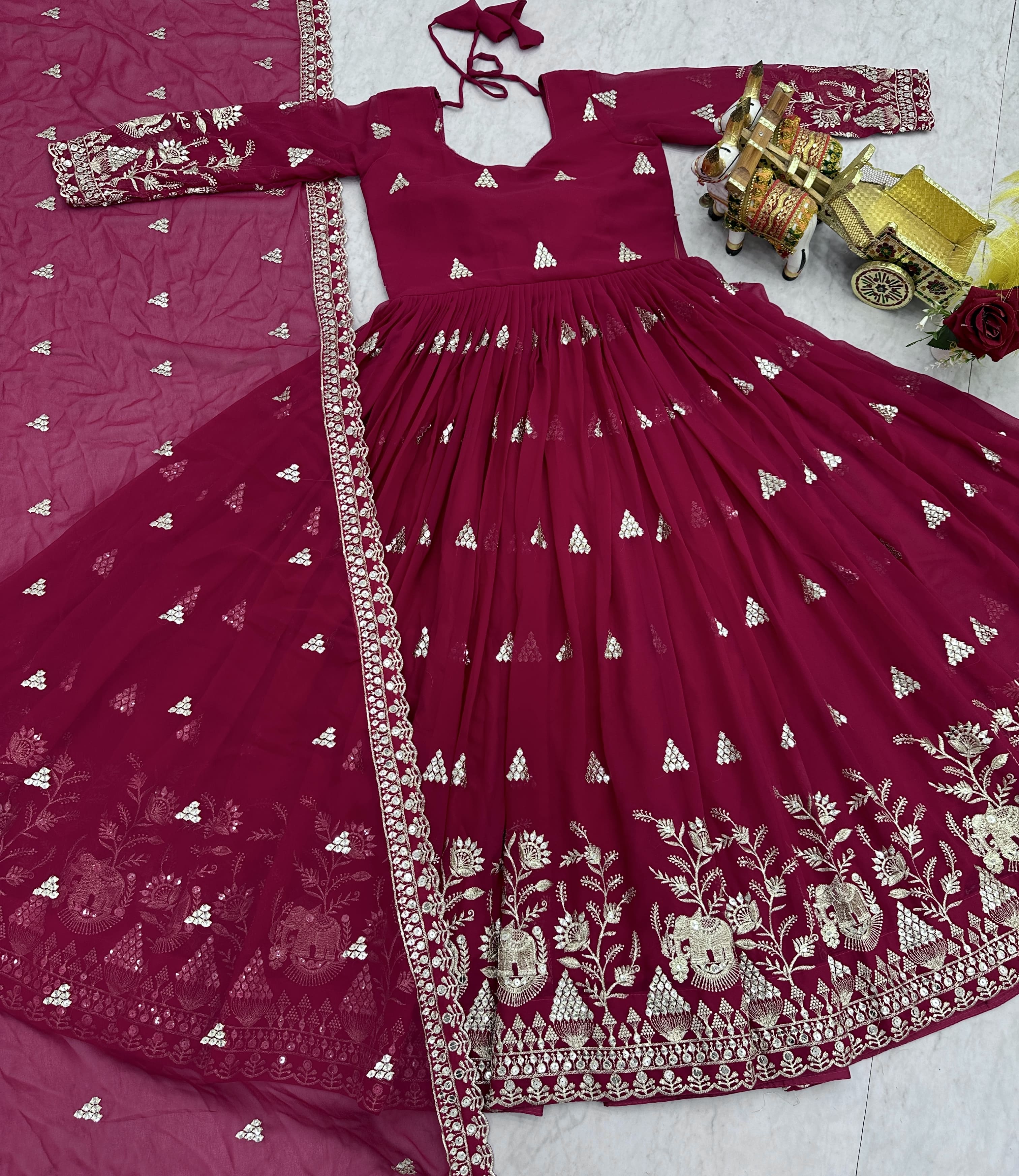 Premium Magenta Pink Heavy 7mm Sequence Embroidered Long Gown with Matching Dupatta – Designer Festive Collection