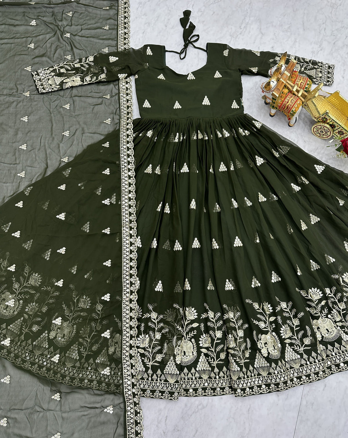 Elegant Dark Green Heavy 7mm Sequence Embroidered Long Gown with Matching Dupatta – Premium Festive Wear Collection
