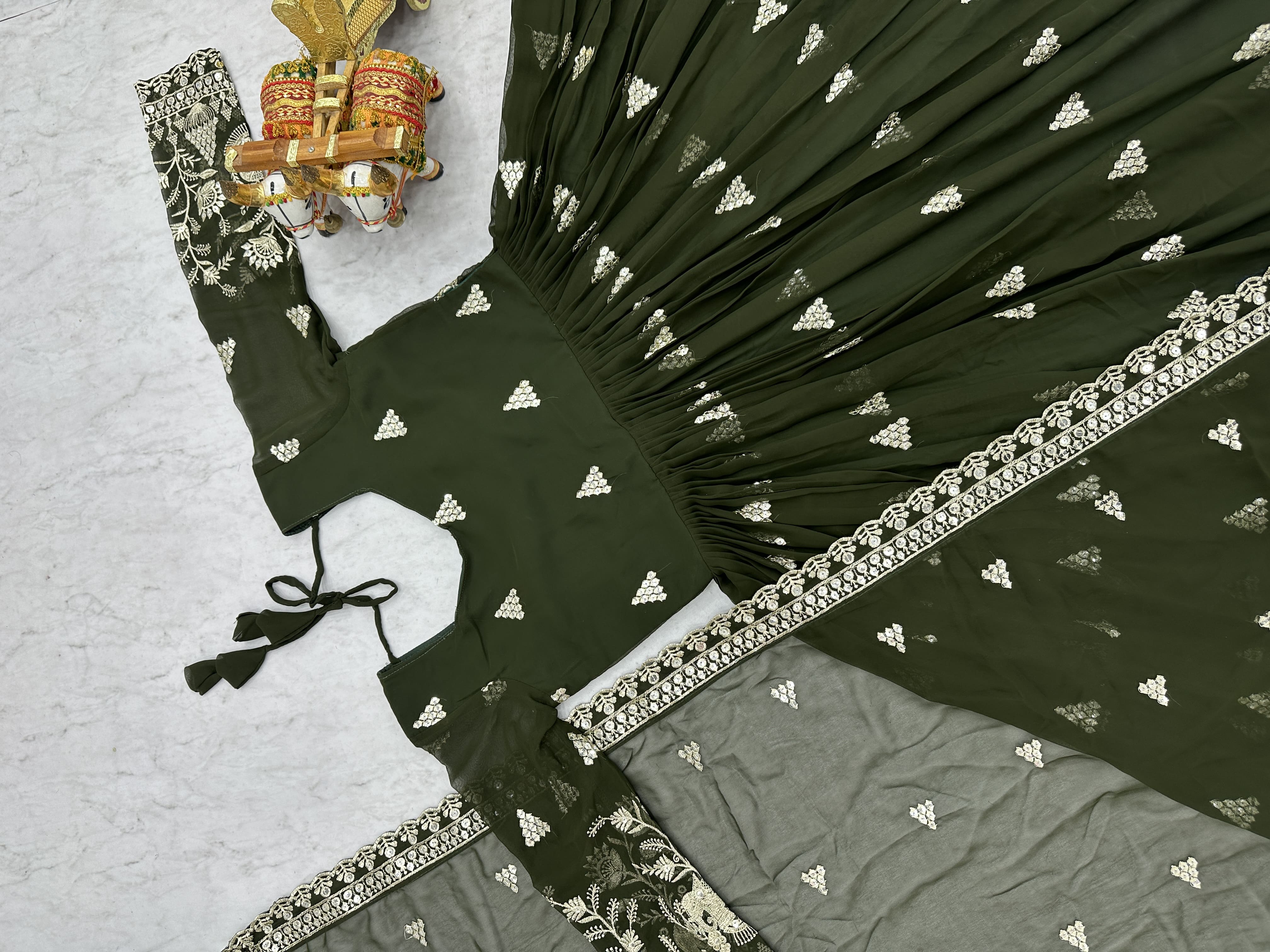 Elegant Dark Green Heavy 7mm Sequence Embroidered Long Gown with Matching Dupatta – Premium Festive Wear Collection