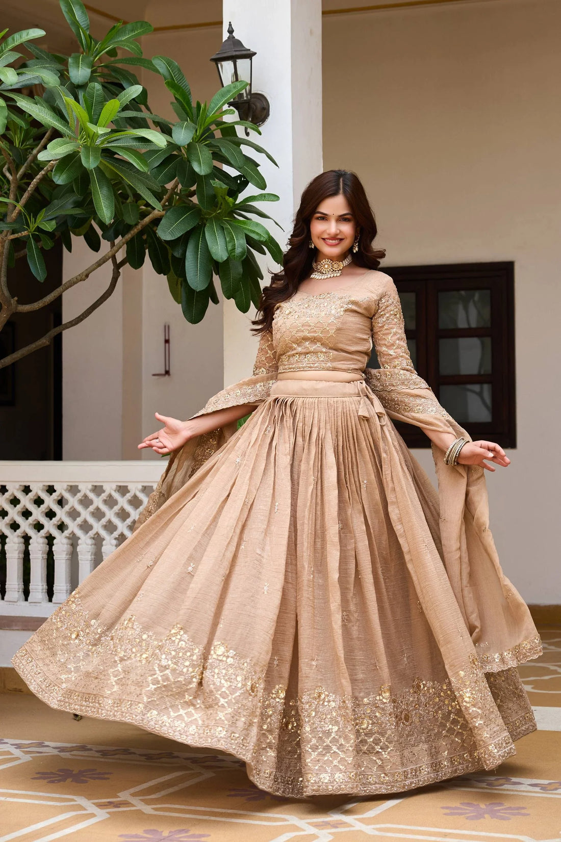 Elegant Light Brown Wedding Lehenga Choli with Heavy Sequin Embroidery, Intricate Floral Detailing & Designer Dupatta