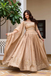 Elegant Light Brown Wedding Lehenga Choli with Heavy Sequin Embroidery, Intricate Floral Detailing & Designer Dupatta