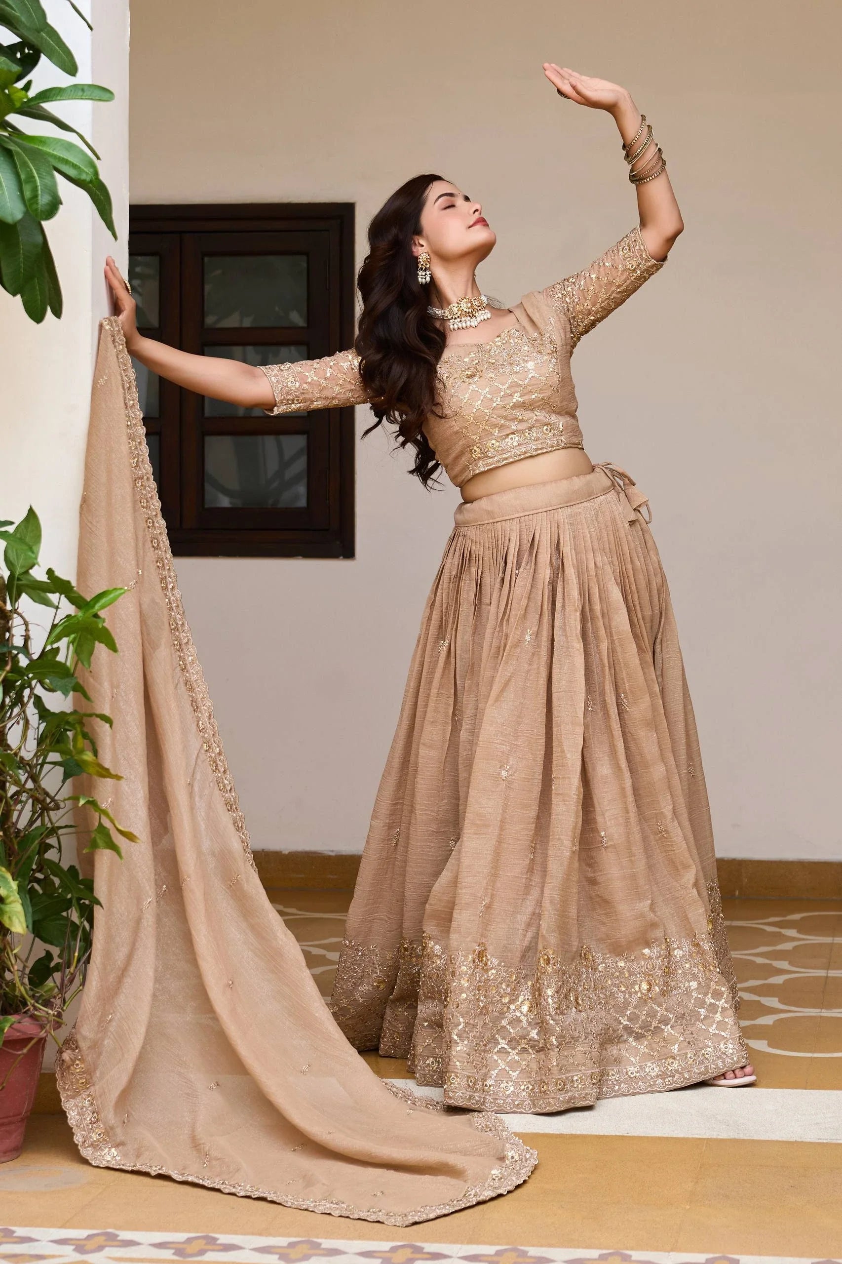 Elegant Light Brown Wedding Lehenga Choli with Heavy Sequin Embroidery, Intricate Floral Detailing & Designer Dupatta