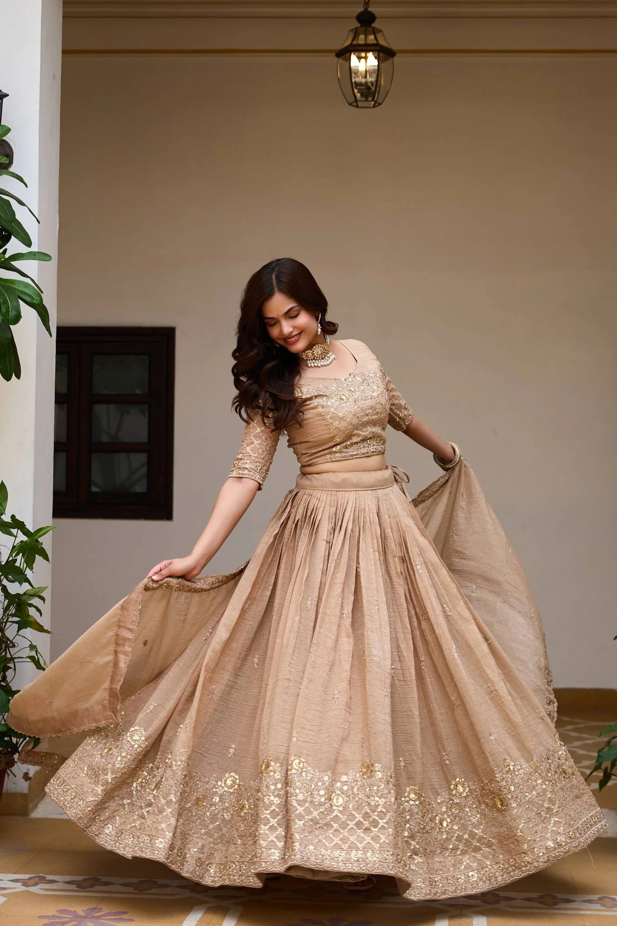 Elegant Light Brown Wedding Lehenga Choli with Heavy Sequin Embroidery, Intricate Floral Detailing & Designer Dupatta