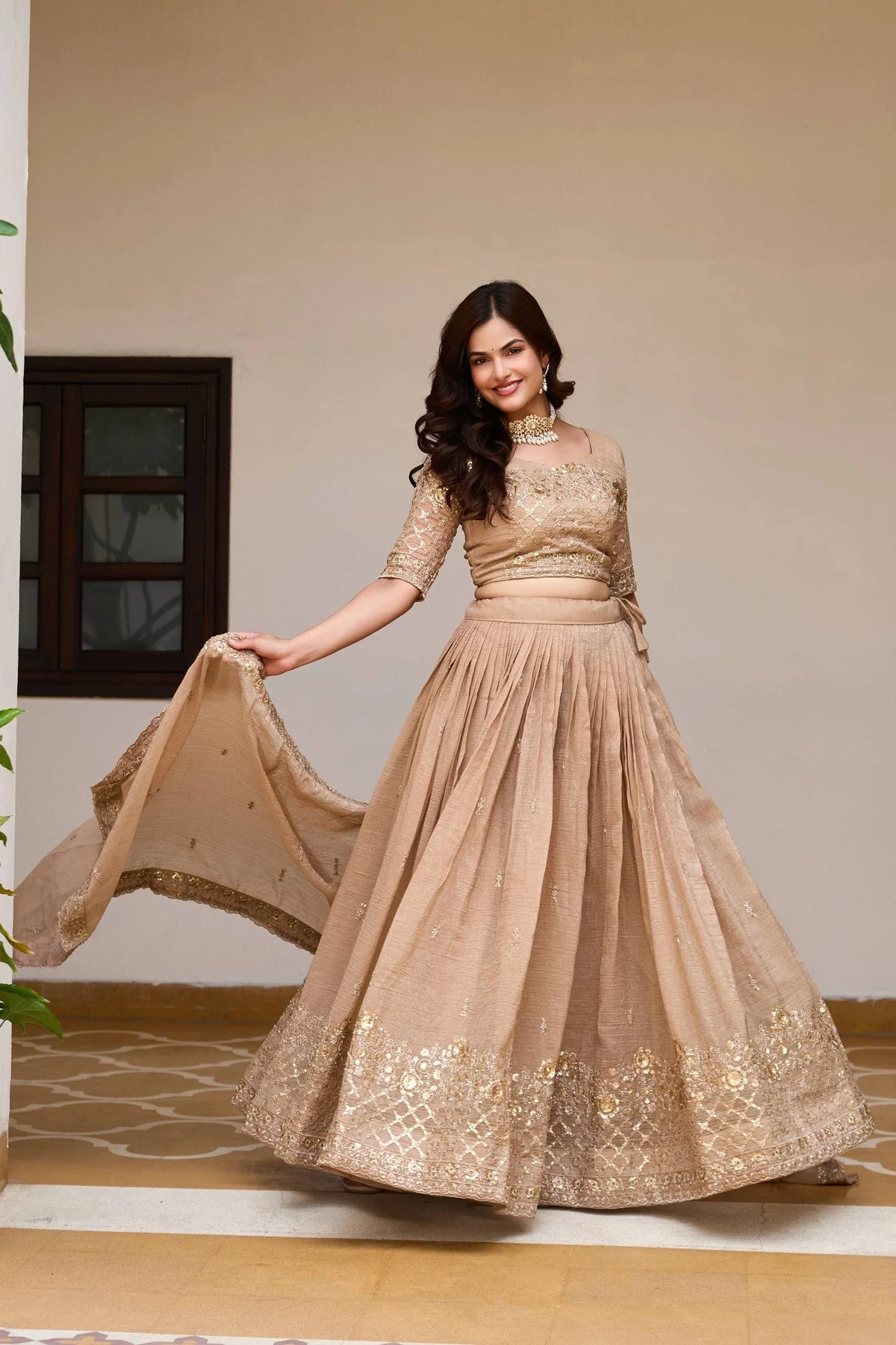 Elegant Light Brown Wedding Lehenga Choli with Heavy Sequin Embroidery, Intricate Floral Detailing & Designer Dupatta
