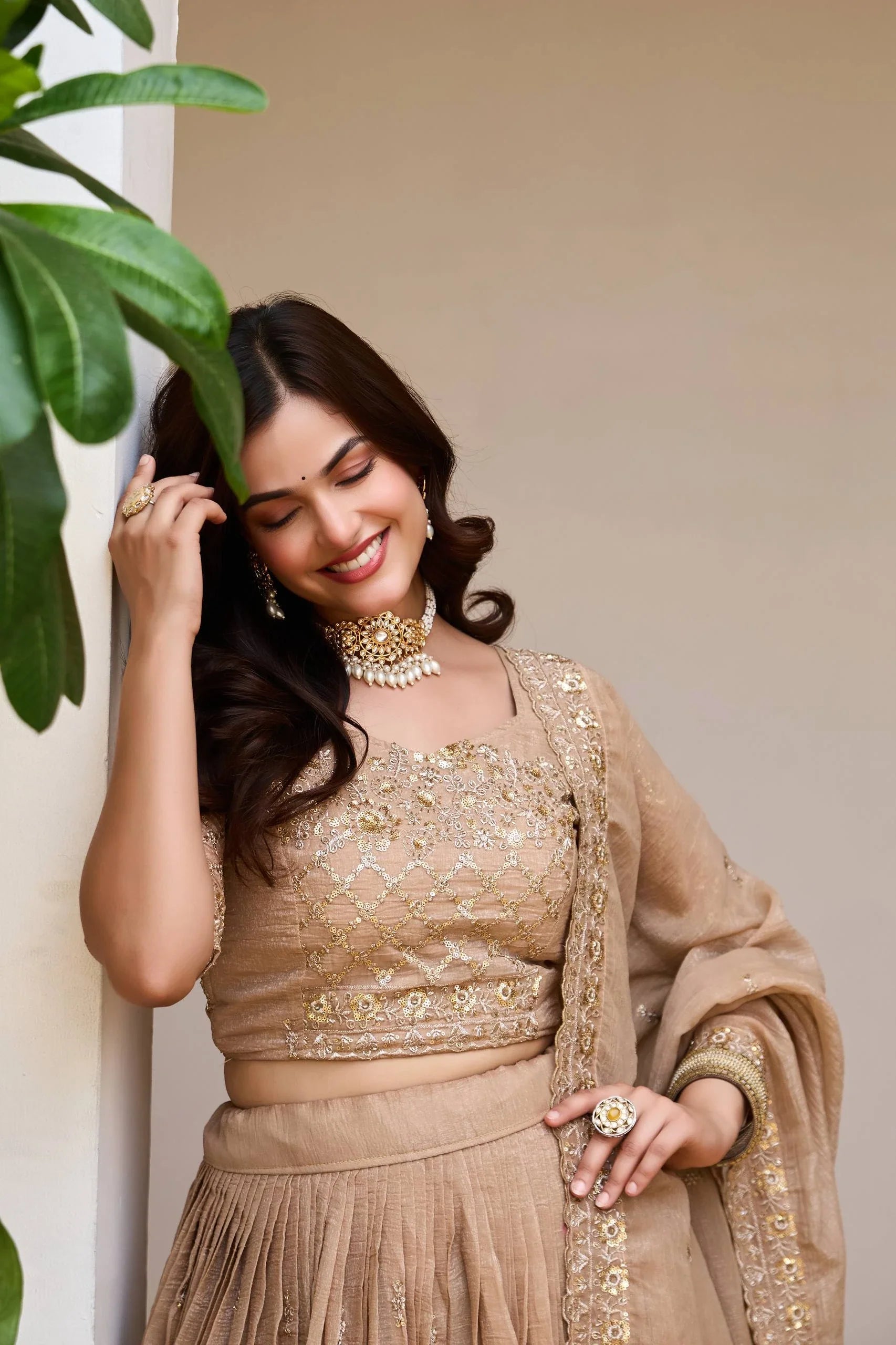 Elegant Light Brown Wedding Lehenga Choli with Heavy Sequin Embroidery, Intricate Floral Detailing & Designer Dupatta