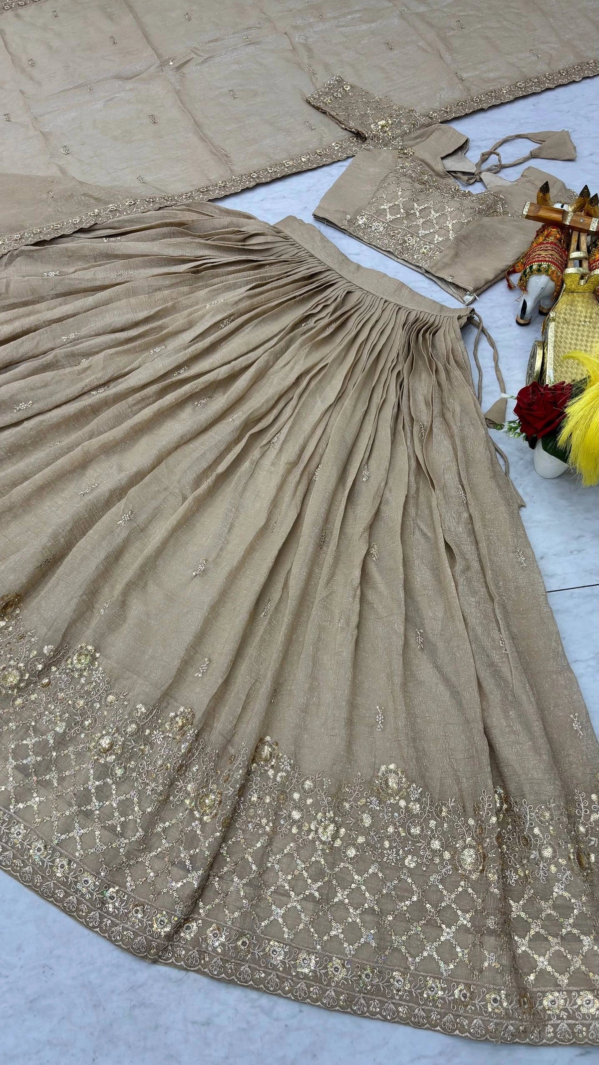 Elegant Light Brown Wedding Lehenga Choli with Heavy Sequin Embroidery, Intricate Floral Detailing & Designer Dupatta