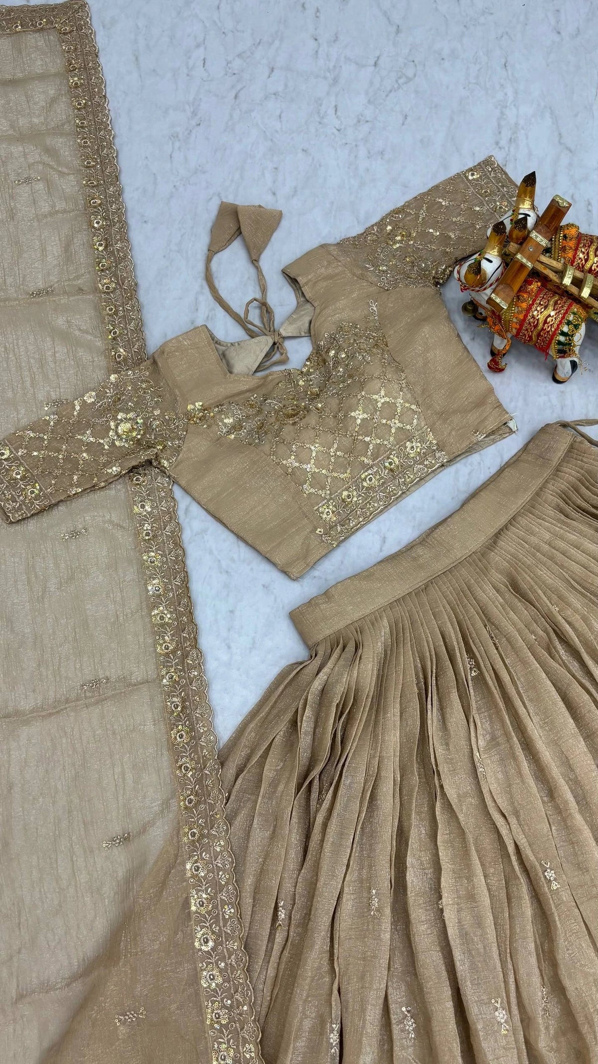 Elegant Light Brown Wedding Lehenga Choli with Heavy Sequin Embroidery, Intricate Floral Detailing & Designer Dupatta