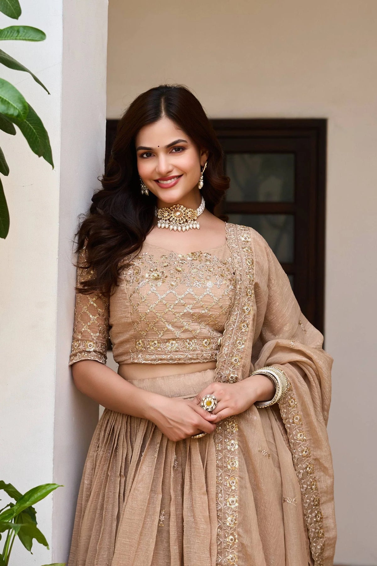Elegant Light Brown Wedding Lehenga Choli with Heavy Sequin Embroidery, Intricate Floral Detailing & Designer Dupatta