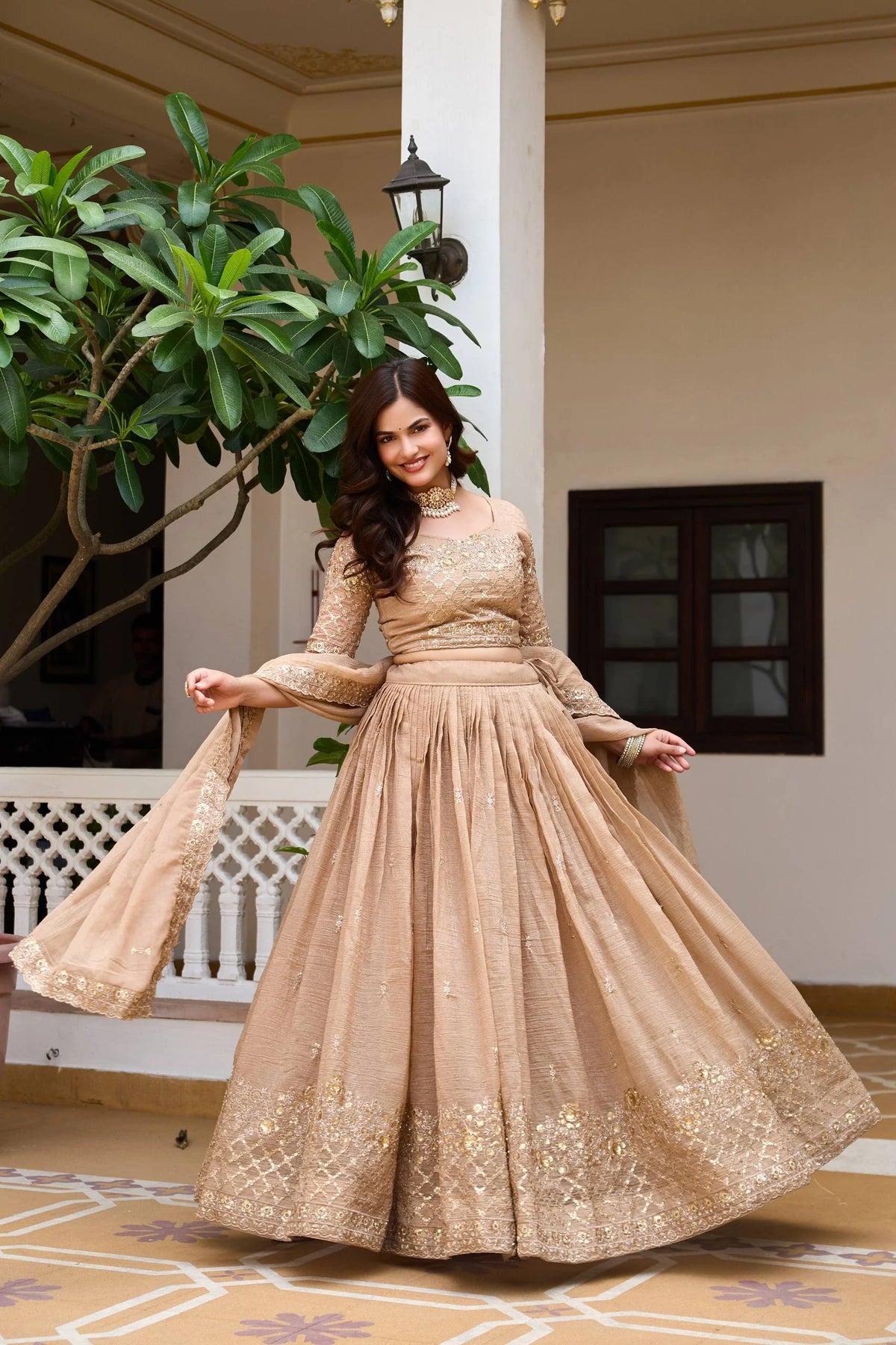 Elegant Light Brown Wedding Lehenga Choli with Heavy Sequin Embroidery, Intricate Floral Detailing & Designer Dupatta