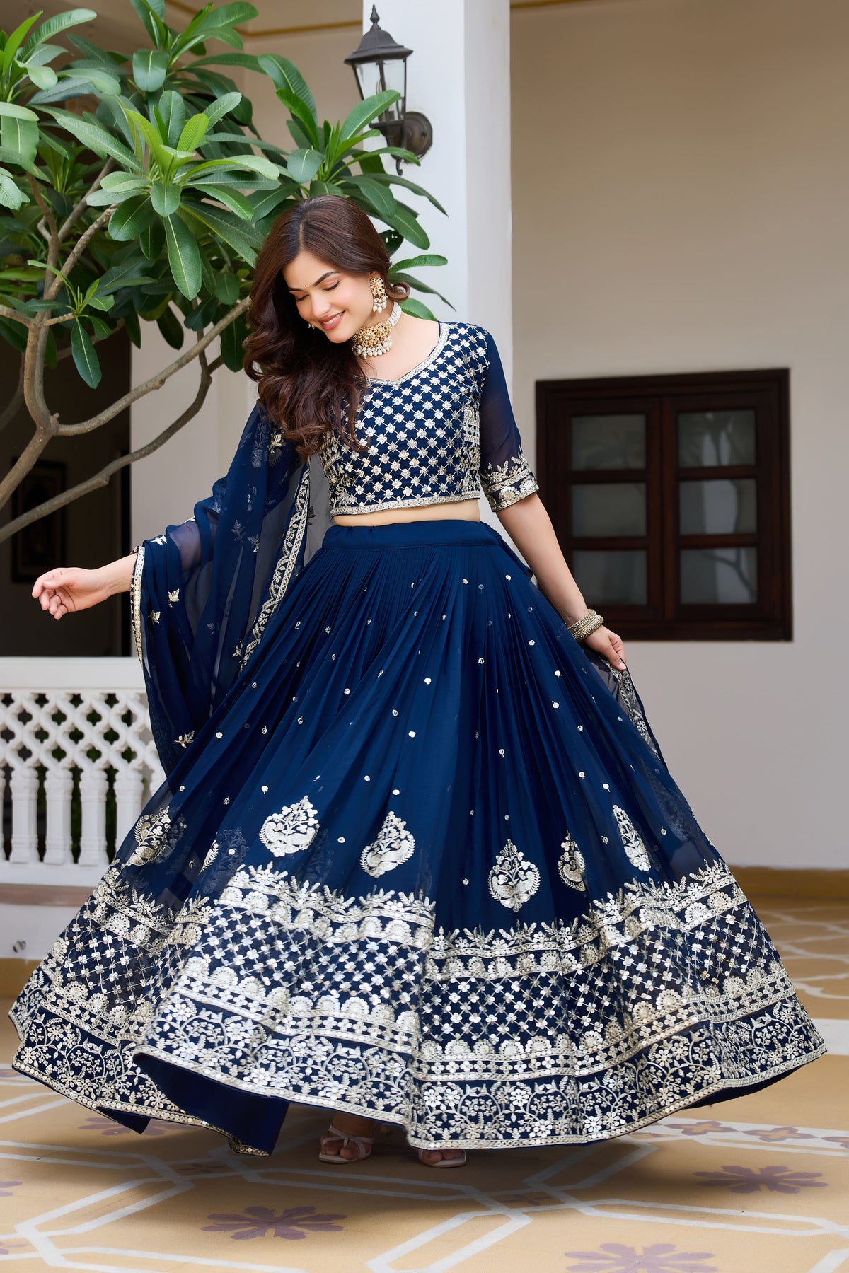 Royal Navy Blue Wedding Lehenga Choli with Heavy 7mm Sequin Embroidery & Designer Dupatta