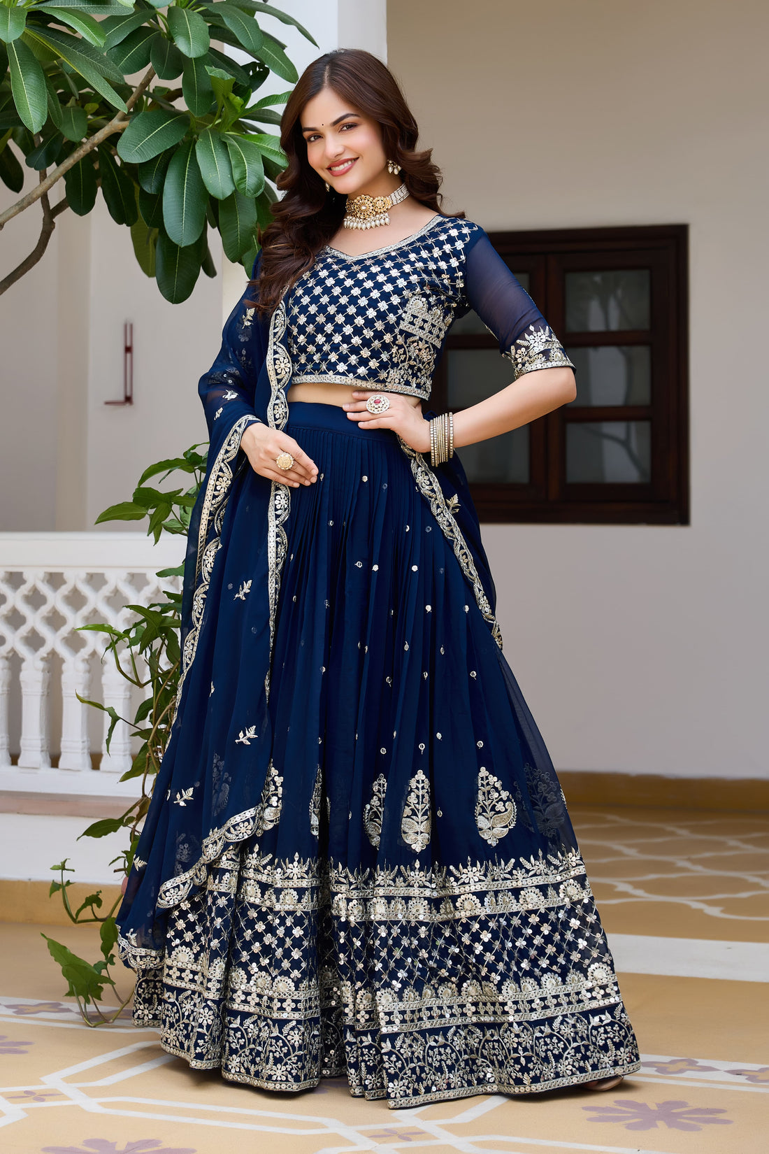 Royal Navy Blue Wedding Lehenga Choli with Heavy 7mm Sequin Embroidery & Designer Dupatta