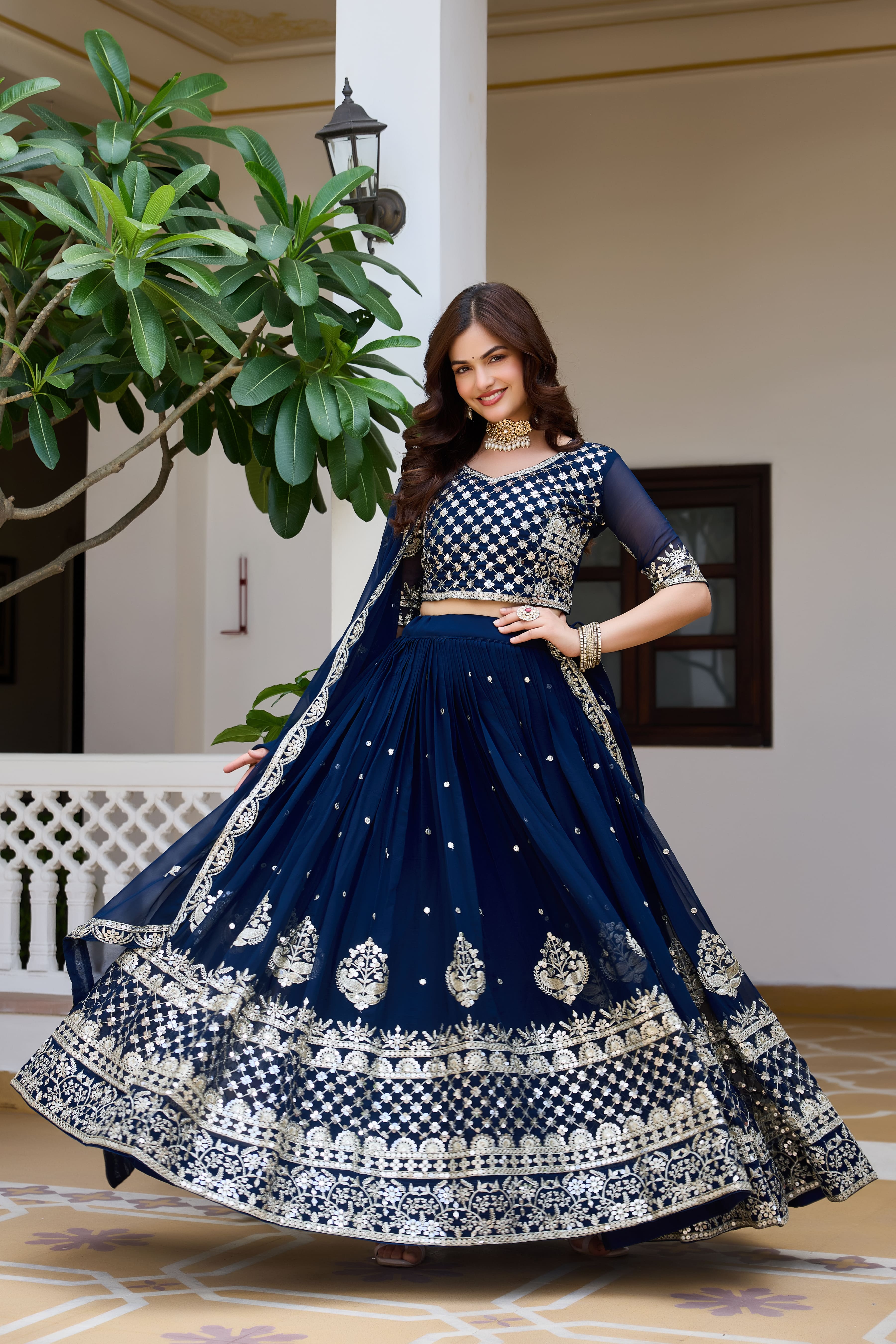 Royal Navy Blue Wedding Lehenga Choli with Heavy 7mm Sequin Embroidery & Designer Dupatta